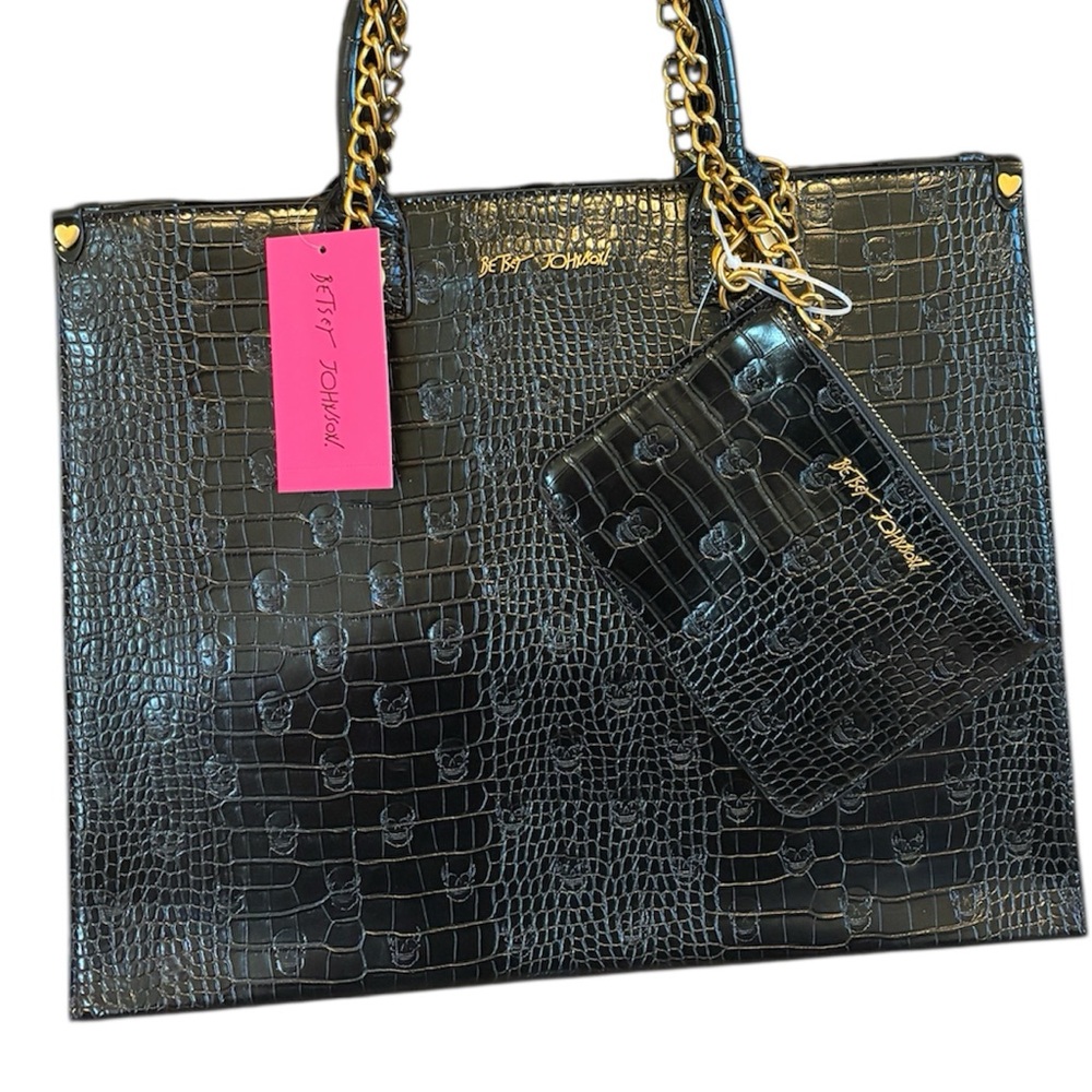 Betsey Johnson Black Croc And Skull Embossed Tote Shoulder Bag & Zippered Wallet